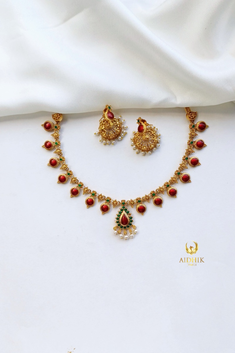 Palakka red necklace with jhumka  AN84